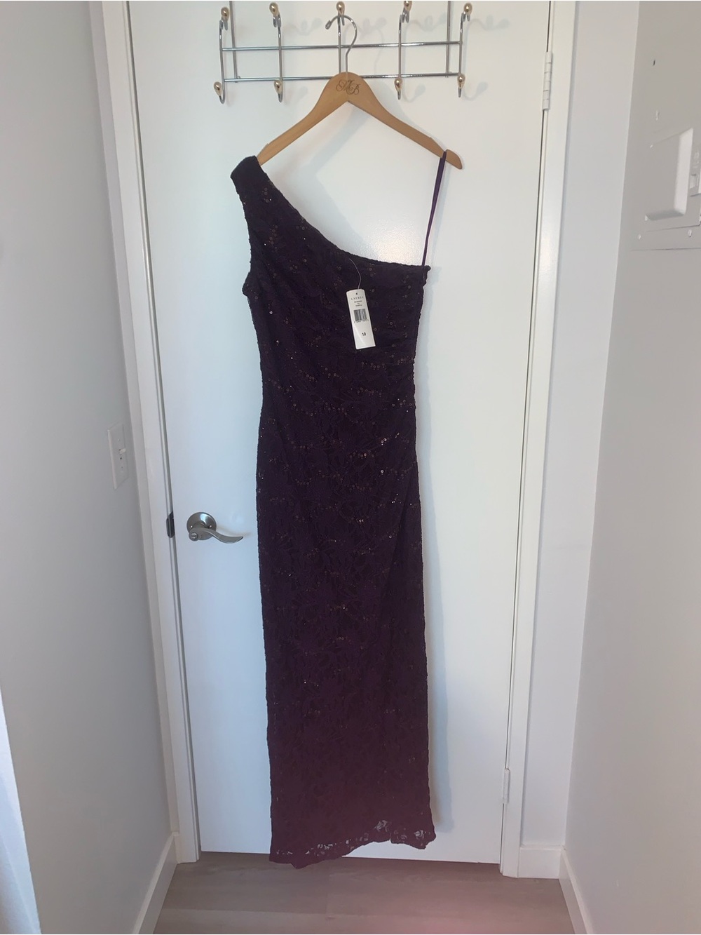 Lauren Ralph Lauren One-Shoulder Lace Evening Gown in Deep Plum